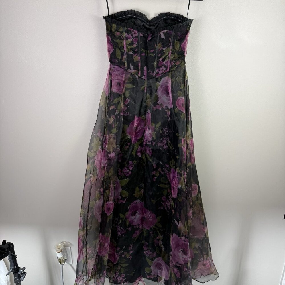 Lulus Strapless Floral Maxi Dress Corset Bodice Black Purple Wedding Guest - Picture 8 of 10